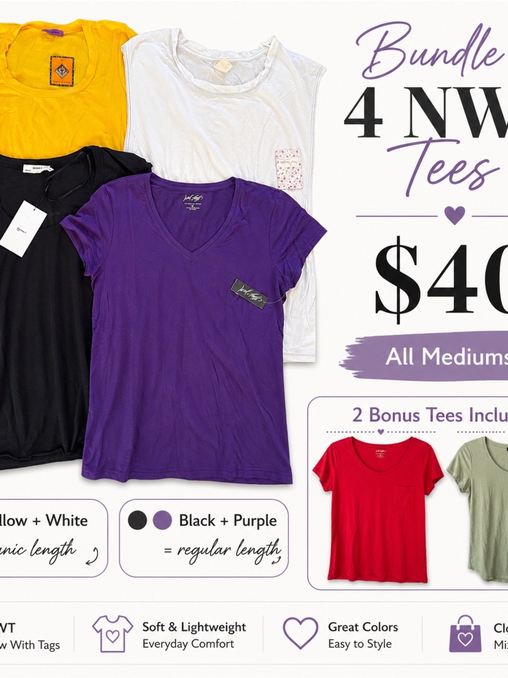 NWT Women’s Tee Bundle 4 Mediums + 2 Bonus Tees | Tunic & Regular Length | $40